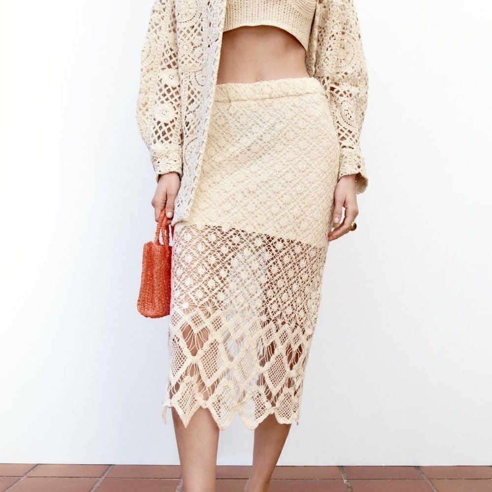 ZARA CROCHET STRAIGHT SKIRT ECRU - Picture 2 of 9